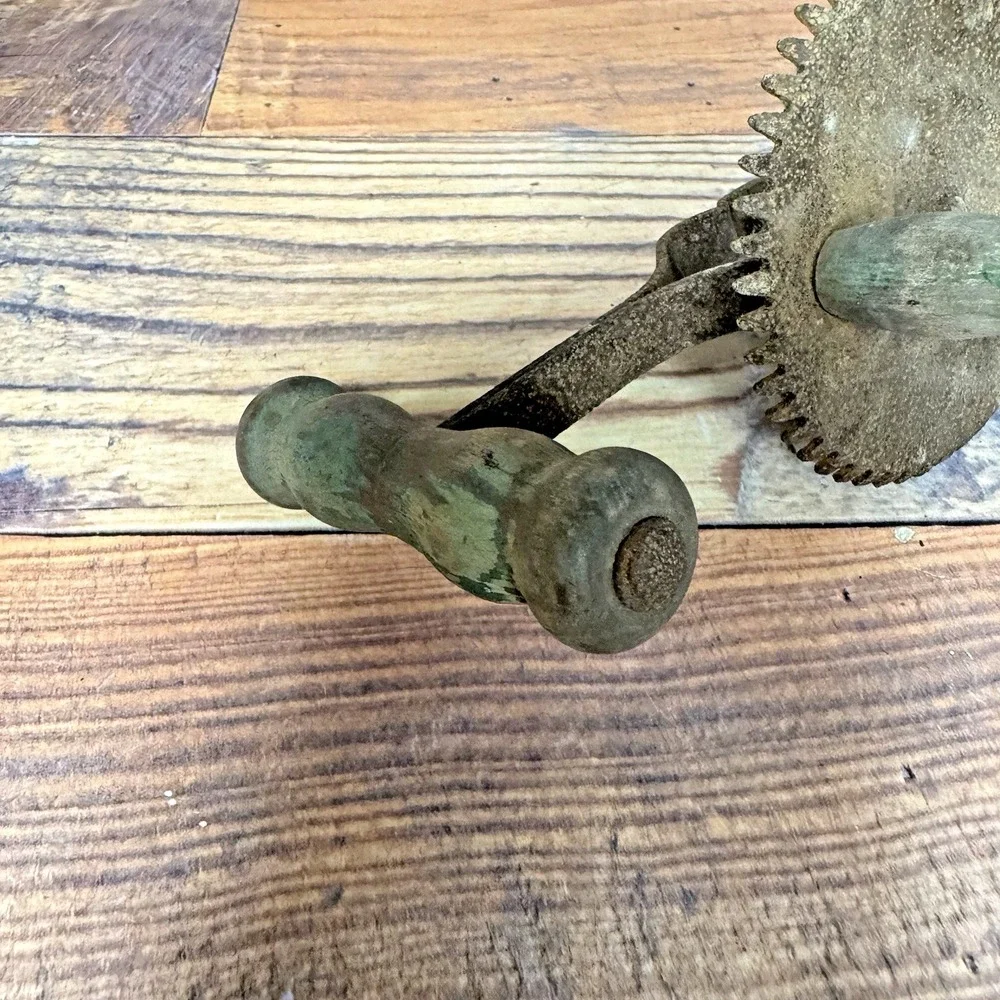 Antique Hand Mixer‎ Egg Beater USA Green Wood Handle Manual Kitchen Primitive